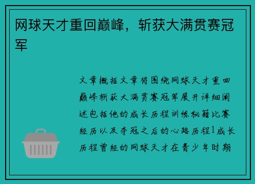 网球天才重回巅峰，斩获大满贯赛冠军